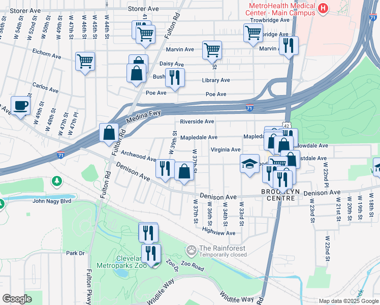 map of restaurants, bars, coffee shops, grocery stores, and more near 3710 West 37th Street in Cleveland