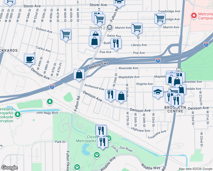 map of restaurants, bars, coffee shops, grocery stores, and more near 3709 West 42nd Street in Cleveland