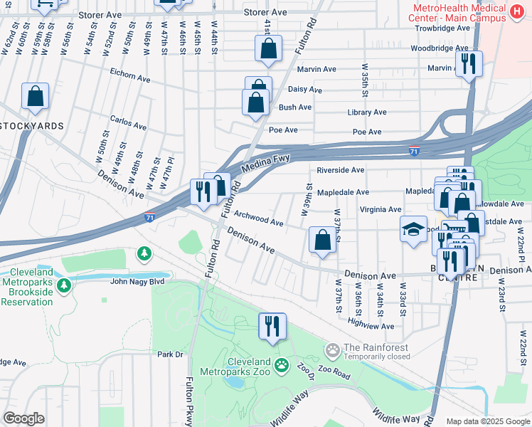 map of restaurants, bars, coffee shops, grocery stores, and more near 4235 Mapledale Avenue in Cleveland