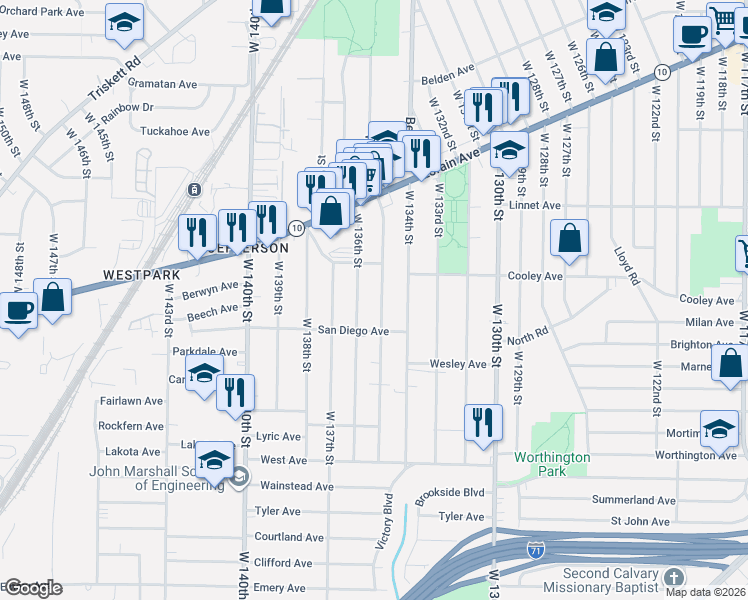 map of restaurants, bars, coffee shops, grocery stores, and more near 3683 West 135th Street in Cleveland