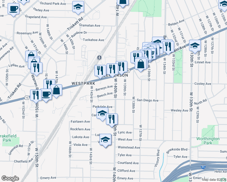 map of restaurants, bars, coffee shops, grocery stores, and more near 3658 West 140th Street in Cleveland