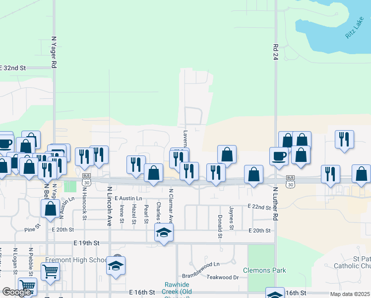 map of restaurants, bars, coffee shops, grocery stores, and more near 2700 Laverna Street in Fremont