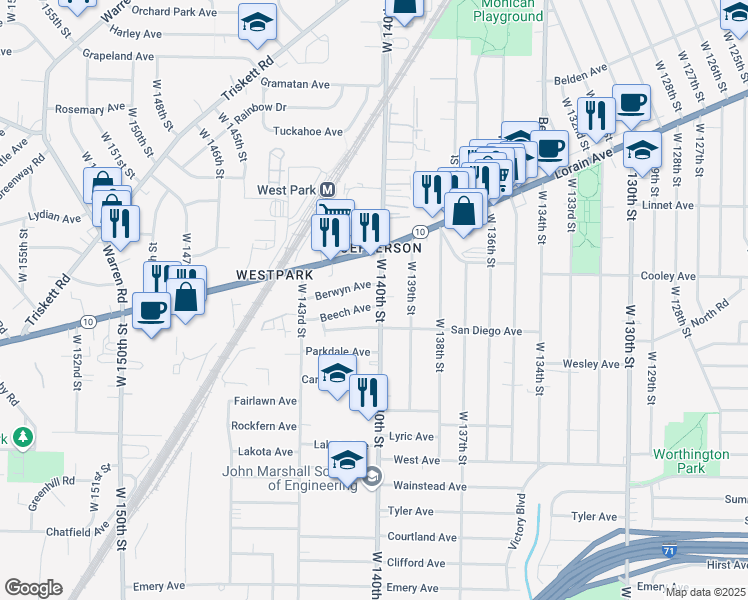 map of restaurants, bars, coffee shops, grocery stores, and more near 3658 West 140th Street in Cleveland