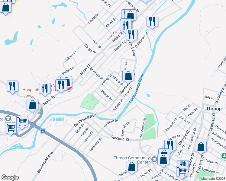 map of restaurants, bars, coffee shops, grocery stores, and more near 219 Maple Street in Dickson City