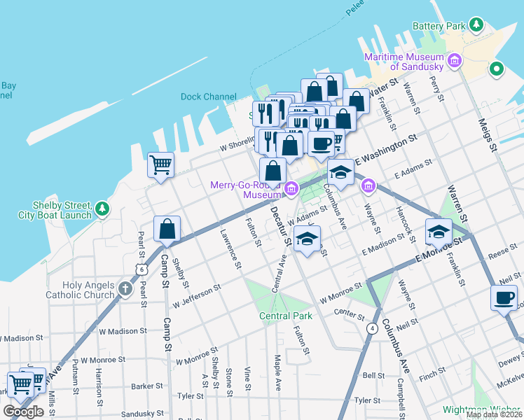 map of restaurants, bars, coffee shops, grocery stores, and more near in Sandusky