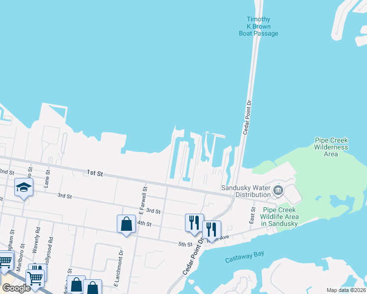 map of restaurants, bars, coffee shops, grocery stores, and more near 515 Bimini Drive in Sandusky