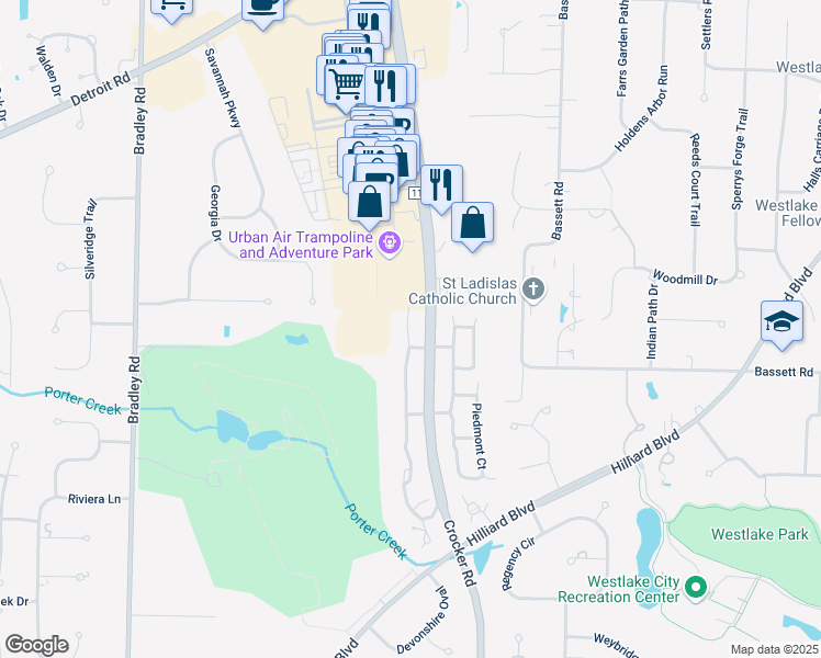 map of restaurants, bars, coffee shops, grocery stores, and more near 2523 Wyndgate Court in Westlake