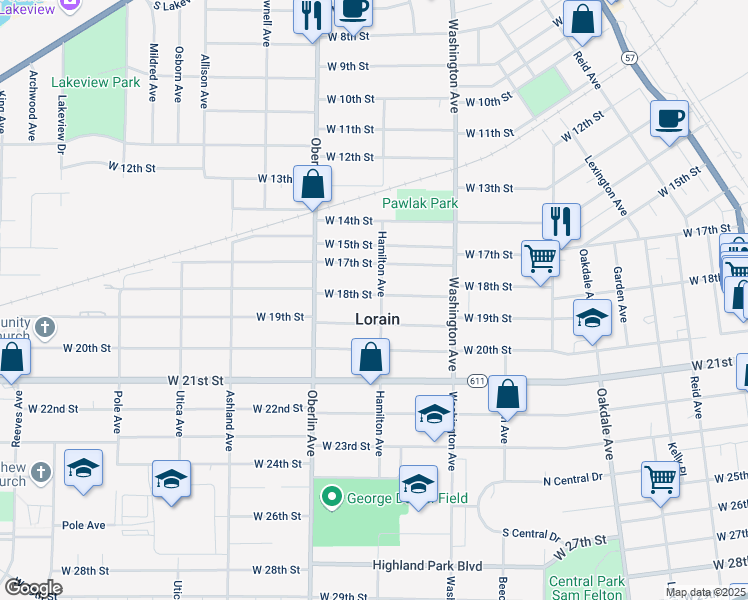 map of restaurants, bars, coffee shops, grocery stores, and more near 1103 West 18th Street in Lorain