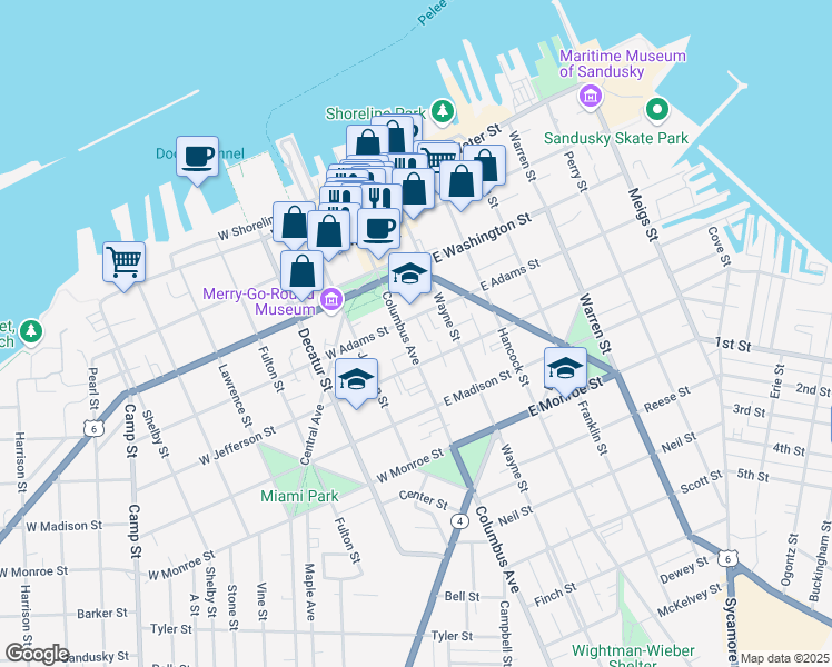 map of restaurants, bars, coffee shops, grocery stores, and more near 410 Columbus Avenue in Sandusky