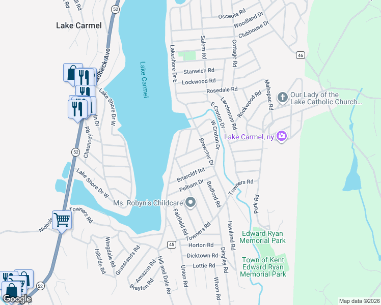 map of restaurants, bars, coffee shops, grocery stores, and more near 9 Mohansic Road in Carmel Hamlet