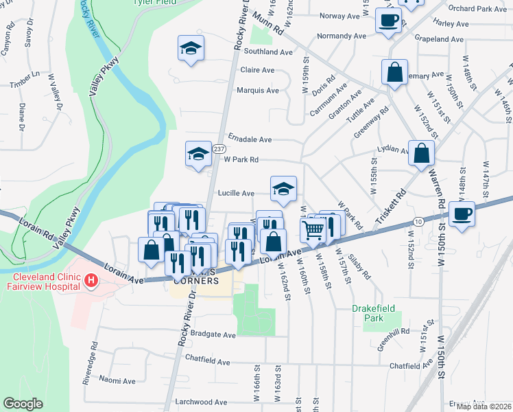 map of restaurants, bars, coffee shops, grocery stores, and more near 16405 Lucille Avenue in Cleveland
