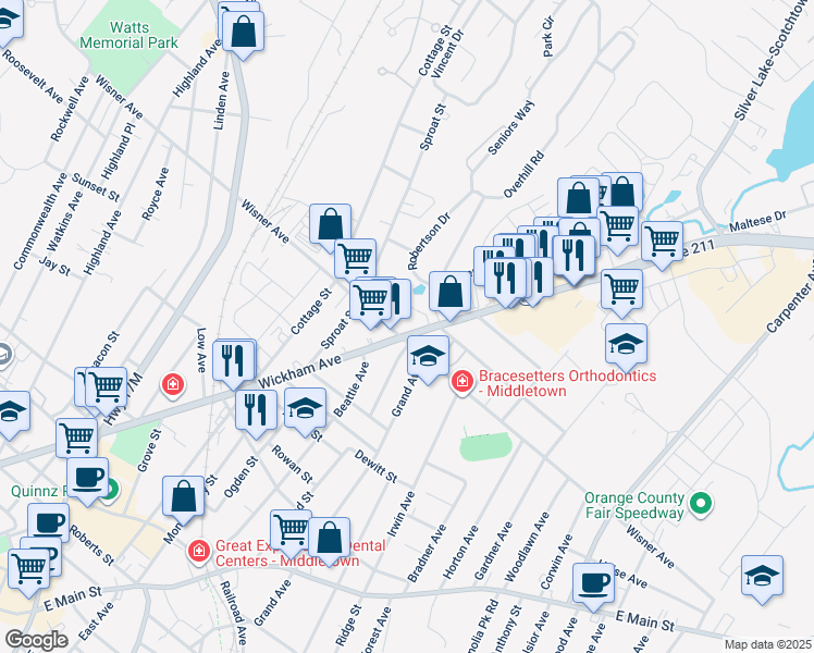 map of restaurants, bars, coffee shops, grocery stores, and more near 217-219 Wickham Avenue in Middletown