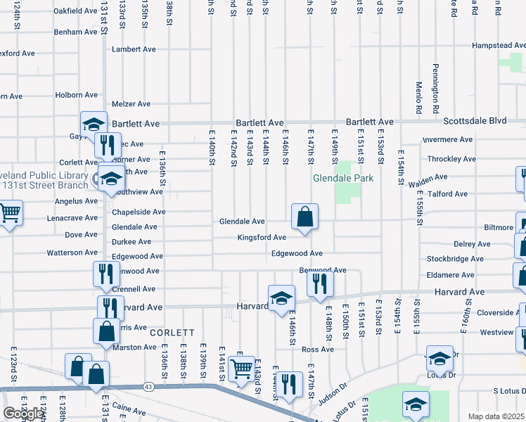 map of restaurants, bars, coffee shops, grocery stores, and more near 3873 East 143rd Street in Cleveland