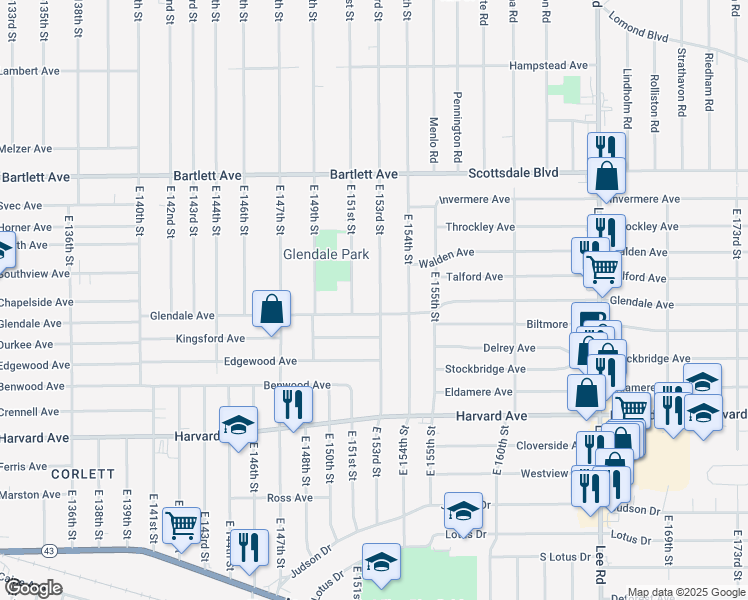 map of restaurants, bars, coffee shops, grocery stores, and more near 3892 East 153rd Street in Cleveland
