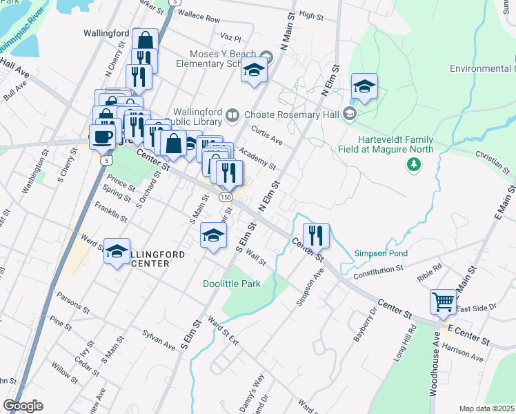 map of restaurants, bars, coffee shops, grocery stores, and more near 398 Center Street in Wallingford