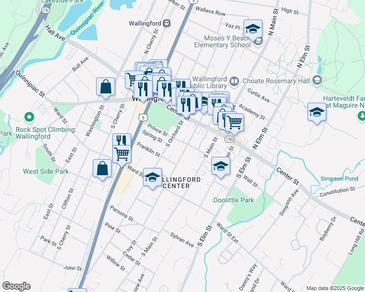 map of restaurants, bars, coffee shops, grocery stores, and more near 58 South Orchard Street in Wallingford
