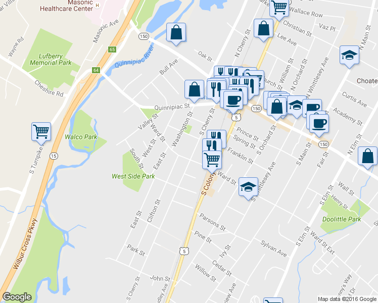 map of restaurants, bars, coffee shops, grocery stores, and more near 91 South Cherry Street in Wallingford