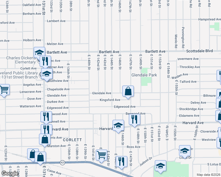 map of restaurants, bars, coffee shops, grocery stores, and more near 3873 East 143rd Street in Cleveland