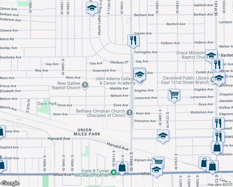 map of restaurants, bars, coffee shops, grocery stores, and more near 11408 Matilda Avenue in Cleveland