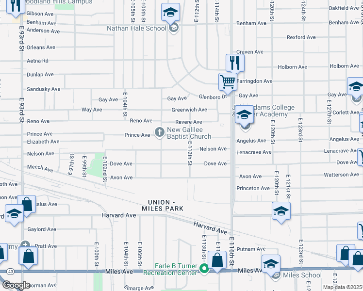 map of restaurants, bars, coffee shops, grocery stores, and more near 11020 Prince Avenue in Cleveland