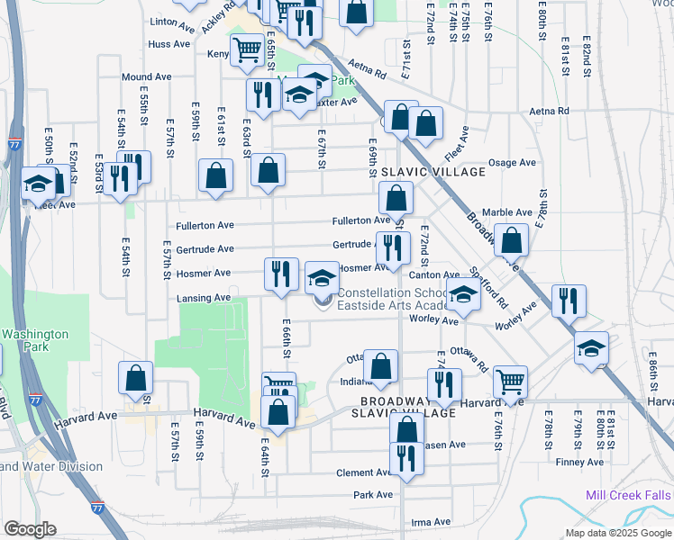 map of restaurants, bars, coffee shops, grocery stores, and more near 6724 Gertrude Avenue in Cleveland