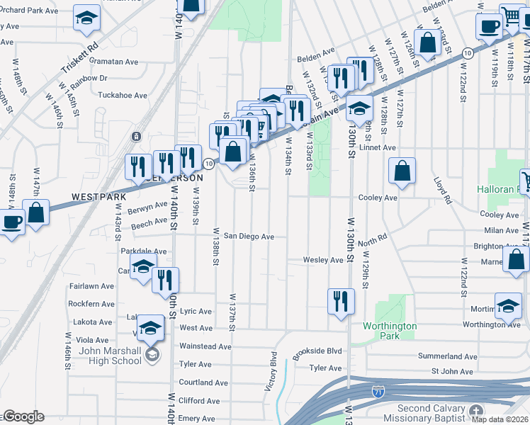 map of restaurants, bars, coffee shops, grocery stores, and more near 3683 West 135th Street in Cleveland