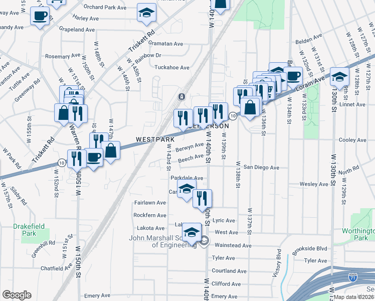 map of restaurants, bars, coffee shops, grocery stores, and more near 14132 Berwyn Avenue in Cleveland
