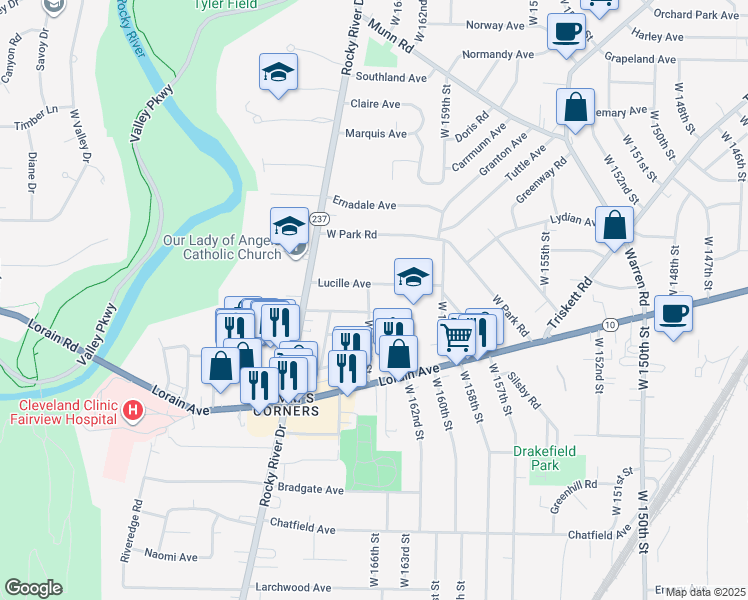 map of restaurants, bars, coffee shops, grocery stores, and more near 16405 Lucille Avenue in Cleveland