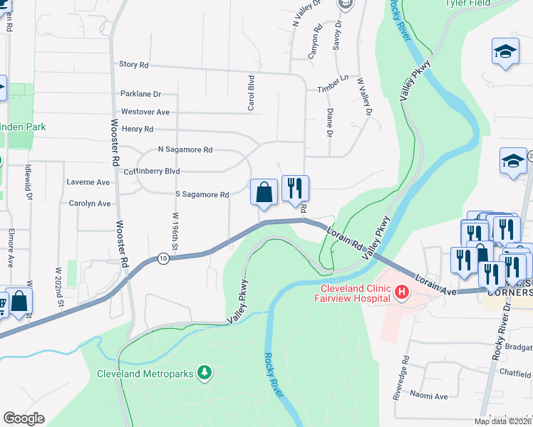 map of restaurants, bars, coffee shops, grocery stores, and more near 4306 Virginia Drive in Fairview Park