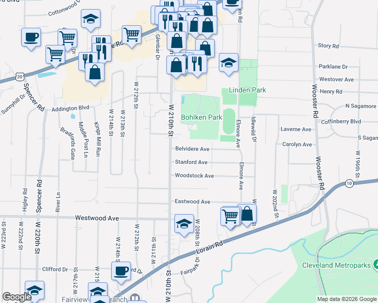 map of restaurants, bars, coffee shops, grocery stores, and more near 20952 Belvidere Avenue in Fairview Park