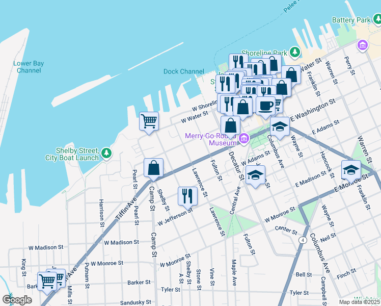 map of restaurants, bars, coffee shops, grocery stores, and more near 810 West Market Street in Sandusky