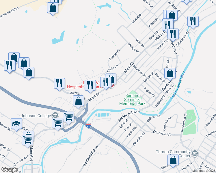 map of restaurants, bars, coffee shops, grocery stores, and more near in Dickson City