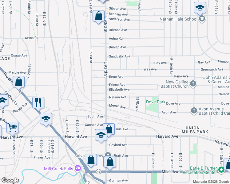 map of restaurants, bars, coffee shops, grocery stores, and more near 9423 Elizabeth Avenue in Cleveland