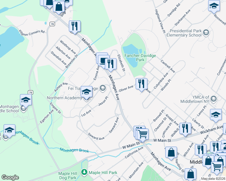 map of restaurants, bars, coffee shops, grocery stores, and more near 175 Monhagen Avenue in Middletown