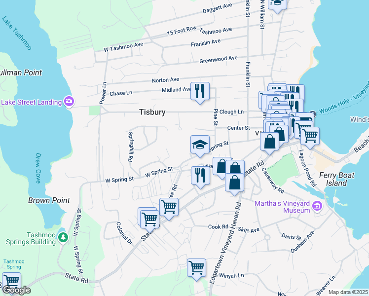 map of restaurants, bars, coffee shops, grocery stores, and more near 201 Spring Street in Tisbury