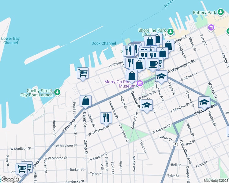 map of restaurants, bars, coffee shops, grocery stores, and more near 216 Fulton Street in Sandusky