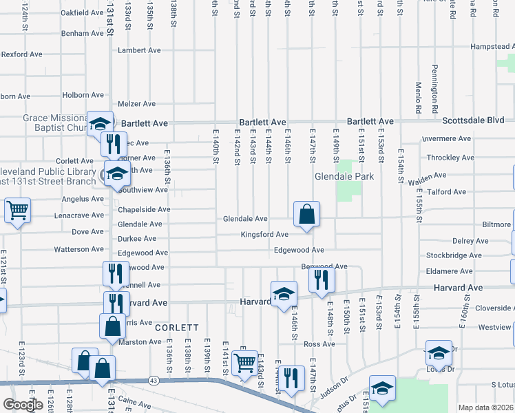 map of restaurants, bars, coffee shops, grocery stores, and more near 3889 East 143rd Street in Cleveland