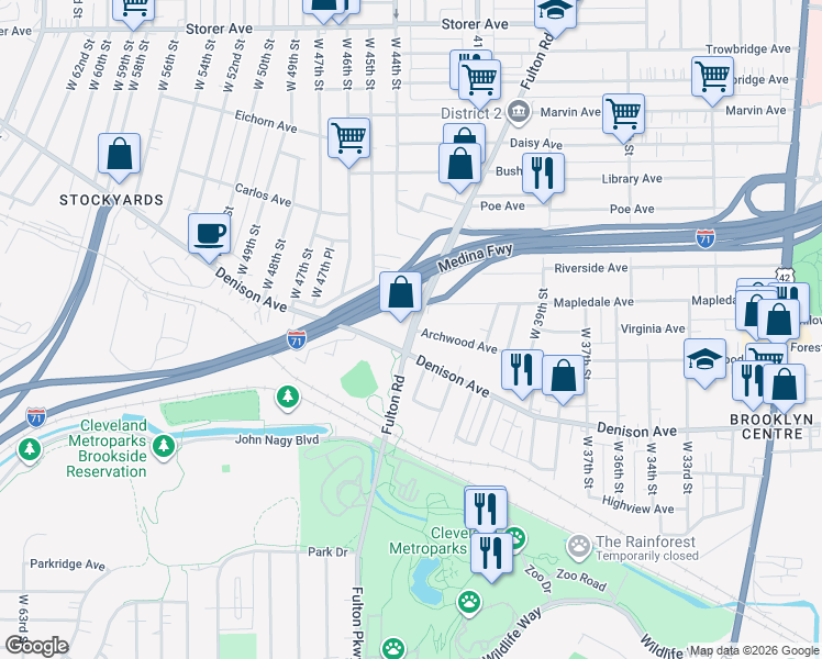 map of restaurants, bars, coffee shops, grocery stores, and more near Fulton Rd & Archwood Ave in Cleveland