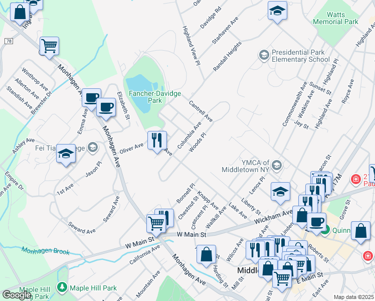 map of restaurants, bars, coffee shops, grocery stores, and more near 17 Woods Place in Middletown