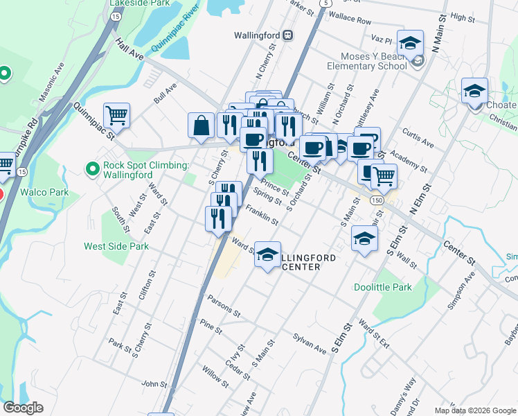 map of restaurants, bars, coffee shops, grocery stores, and more near 148 South Colony Road in Wallingford