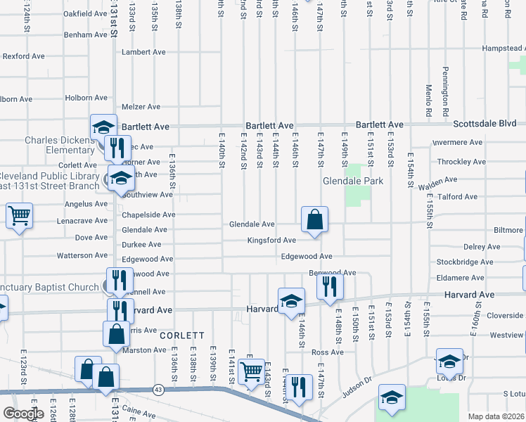 map of restaurants, bars, coffee shops, grocery stores, and more near 3873 East 143rd Street in Cleveland