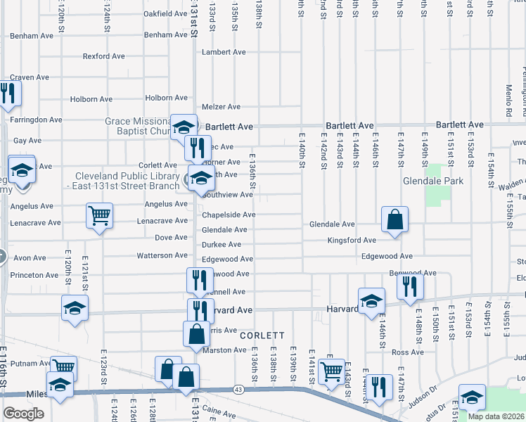 map of restaurants, bars, coffee shops, grocery stores, and more near 13710 Southview Avenue in Cleveland