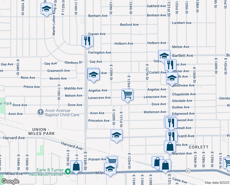 map of restaurants, bars, coffee shops, grocery stores, and more near 12017 Angelus Avenue in Cleveland