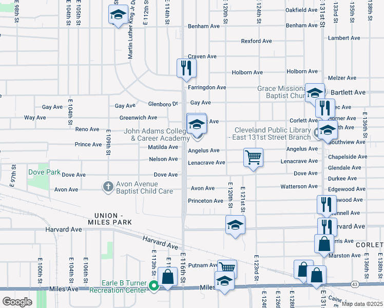 map of restaurants, bars, coffee shops, grocery stores, and more near 11710 Angelus Avenue in Cleveland