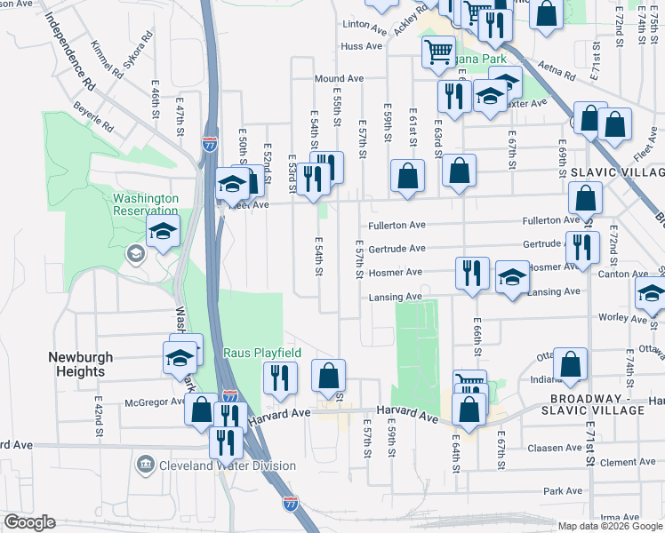map of restaurants, bars, coffee shops, grocery stores, and more near 3826 East 55th Street in Cleveland