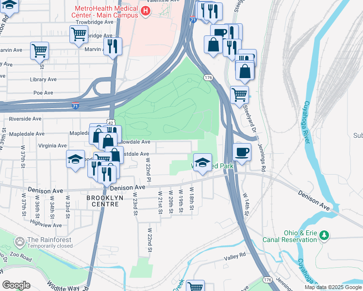 map of restaurants, bars, coffee shops, grocery stores, and more near 1805 Willowdale Avenue in Cleveland