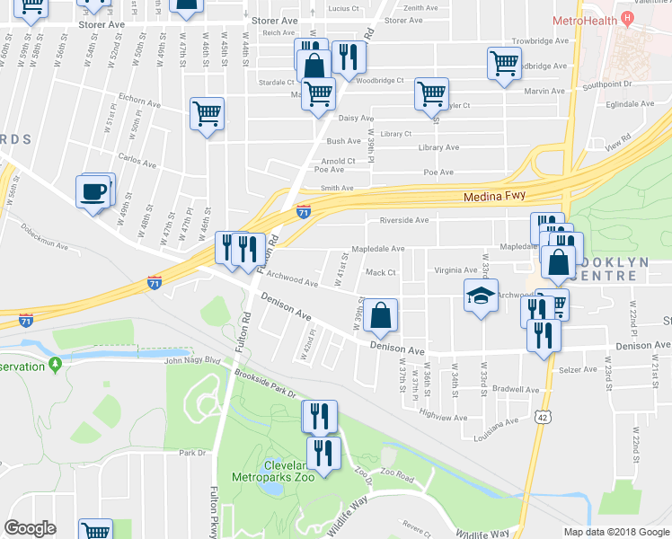 map of restaurants, bars, coffee shops, grocery stores, and more near 3709 West 42nd Street in Cleveland