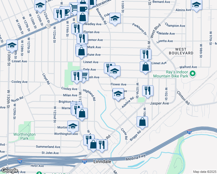 map of restaurants, bars, coffee shops, grocery stores, and more near 11216 Flower Avenue in Cleveland