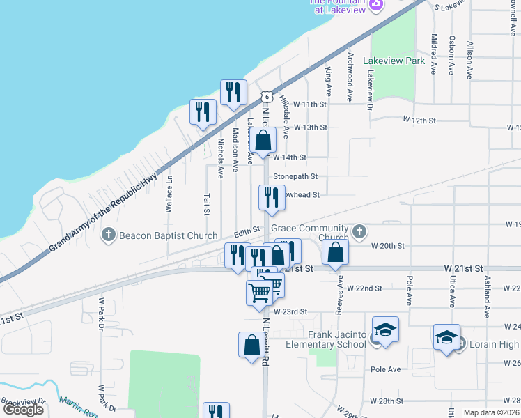 map of restaurants, bars, coffee shops, grocery stores, and more near 1721 Lakeview Avenue in Lorain