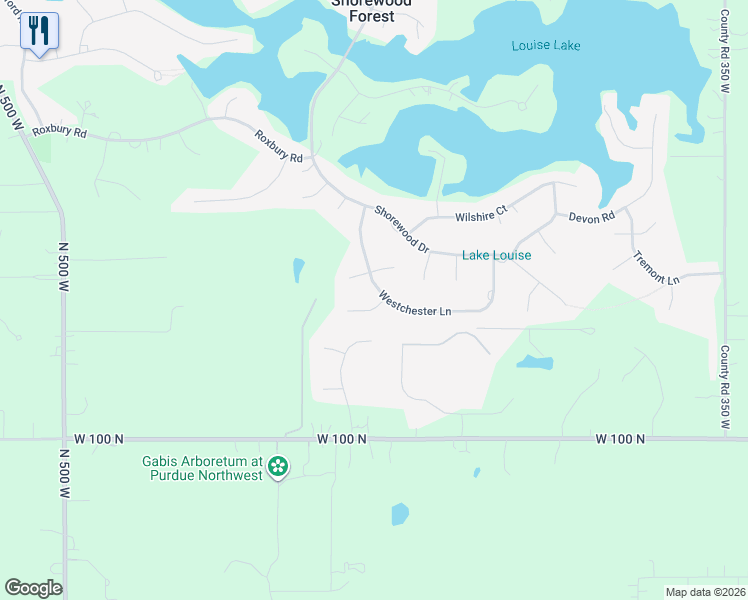 map of restaurants, bars, coffee shops, grocery stores, and more near 187-235 Westchester Ln in Valparaiso